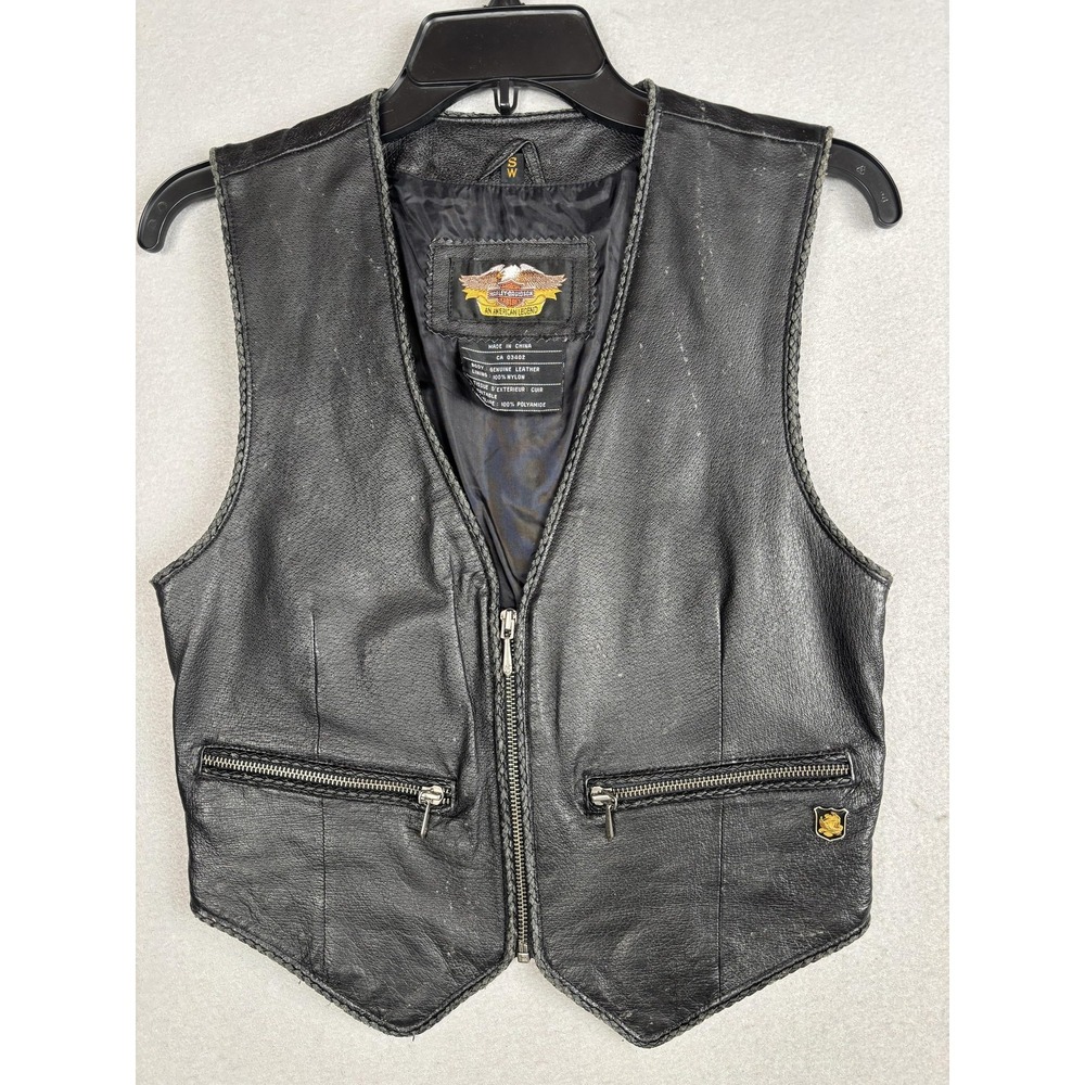 Harley-Davidson Leather Vest Womens Small Black Zip Front Braided Embroidered